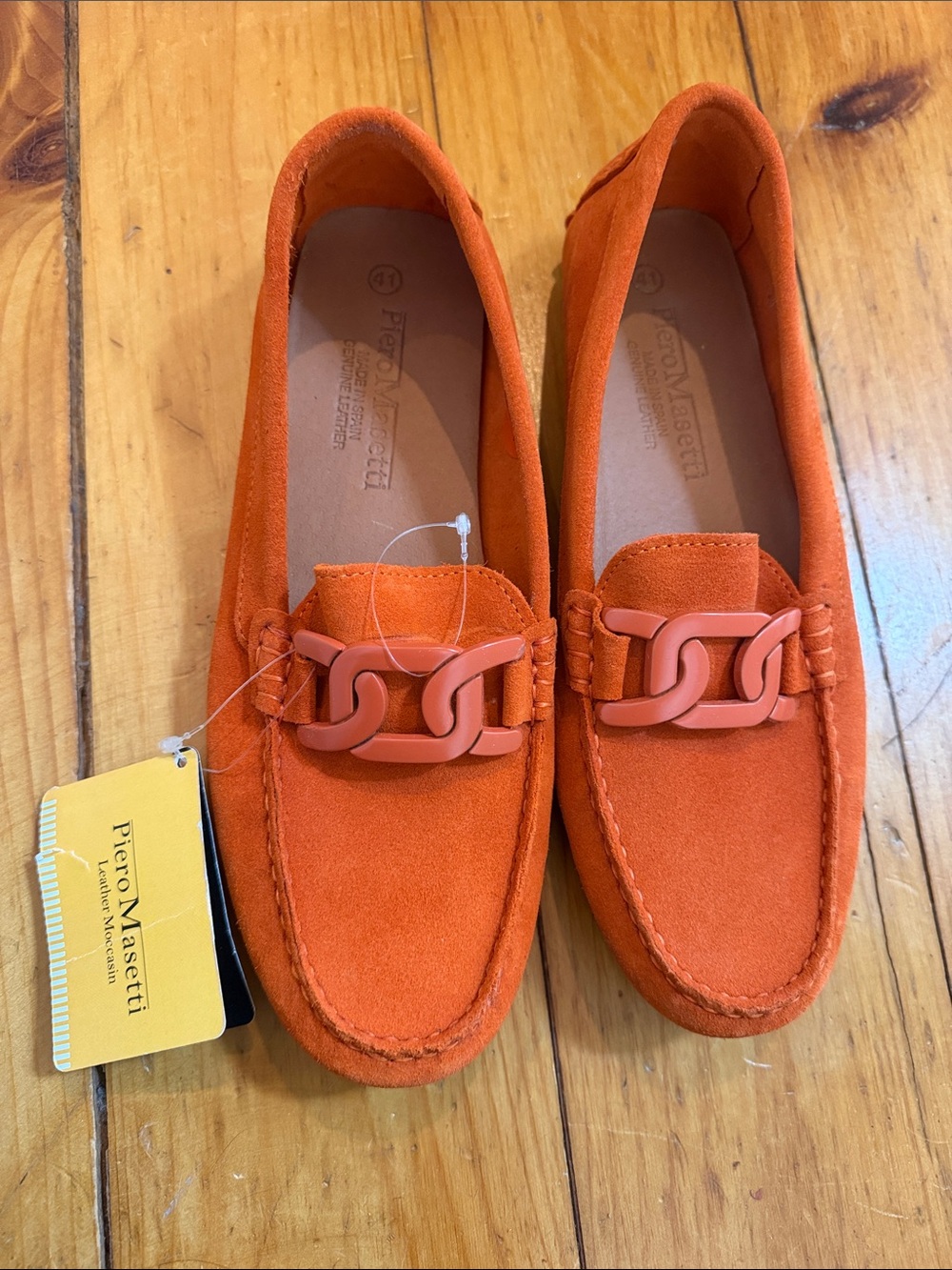 Orange Suede Chain-Link Loafers